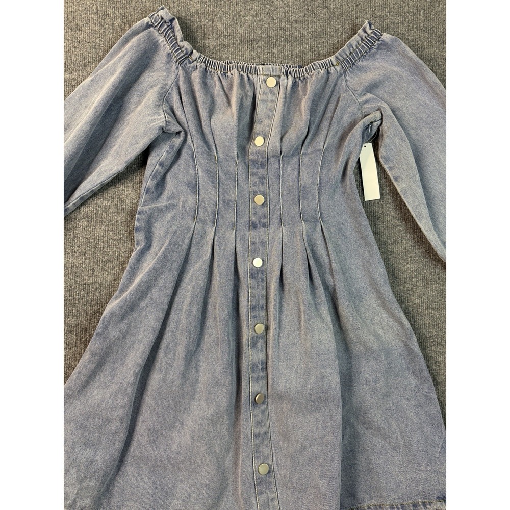 Venus Off Shoulder Denim Dress Blue Button Front Long Sleeve Elastic‎ Neck sz 10
